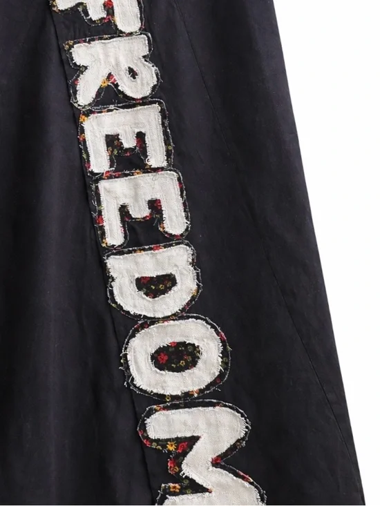 FREEDOM Patch A-Line Organic Cotton Boho Statement Midi Skirt Artisan Bottom S/M - Picture 9 of 11